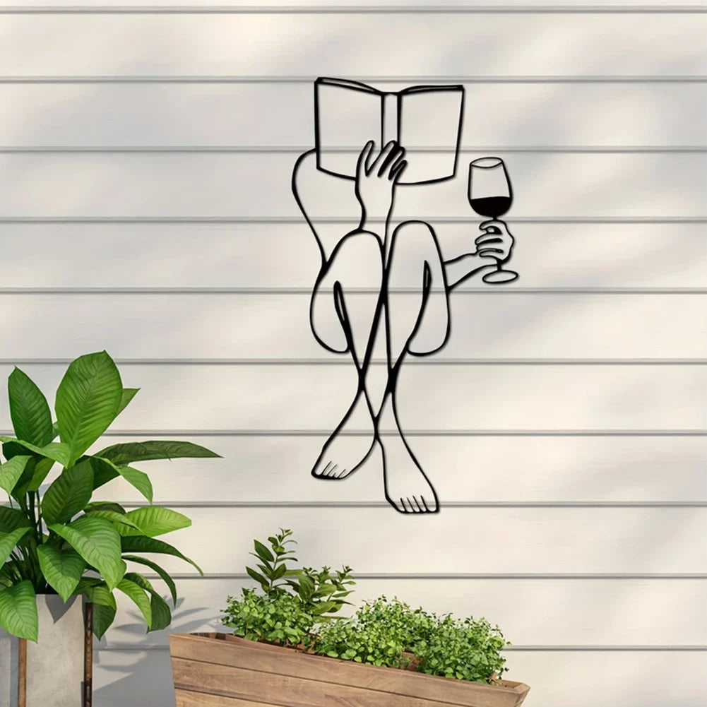Woman Reading Book & Drinking Wine - Metal Wall Decor