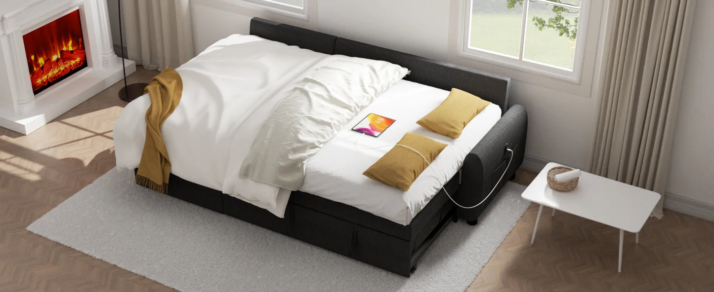 L Shaped Living Room Sectional Sofas - 87" Sleeper Sofa Bed with Side Pocket & Charging Station - Removable Backrest