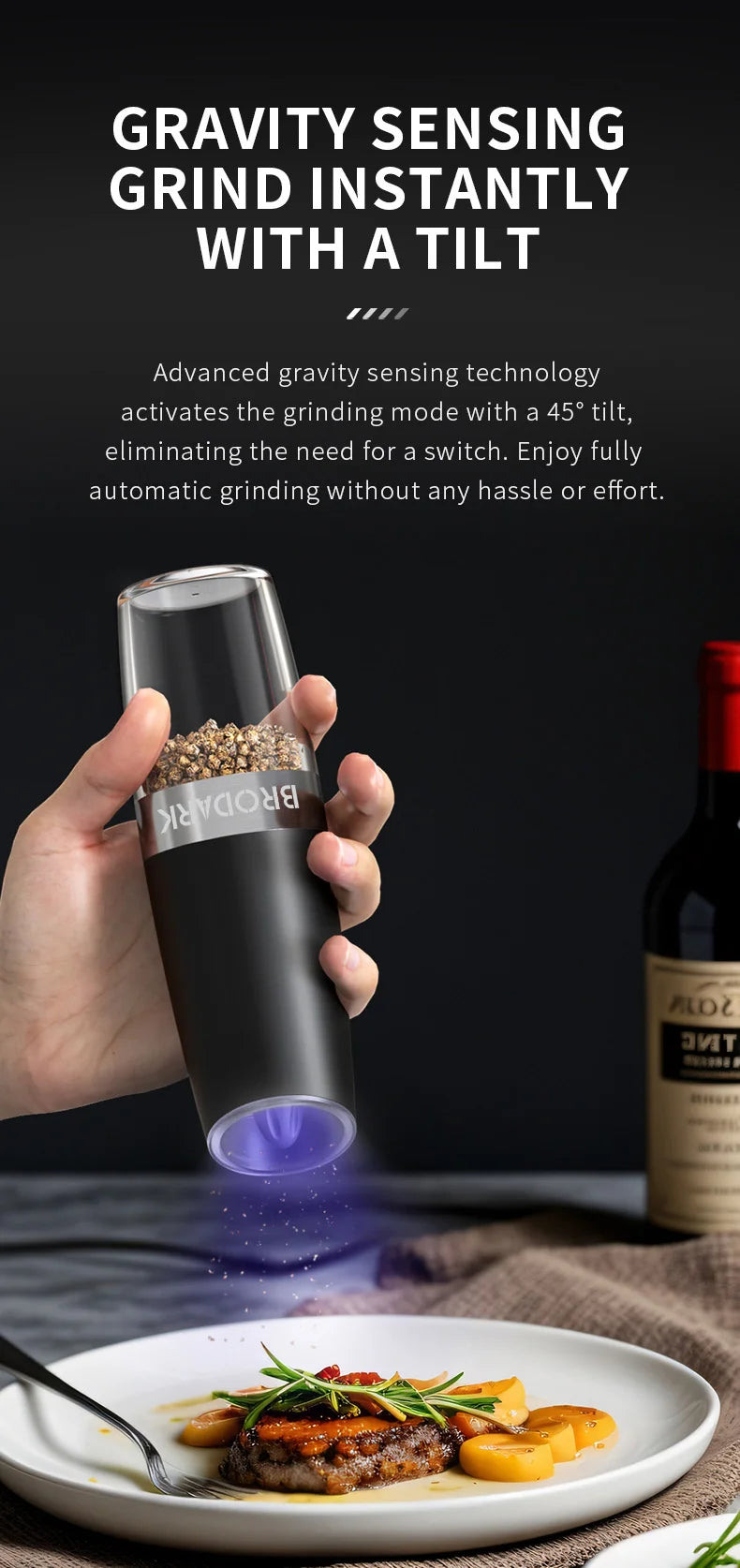 1 or 2pcs Gravity Electric Salt And Pepper Grinder Set - Battery Powered - LED Light - One HandAutomatic Operation