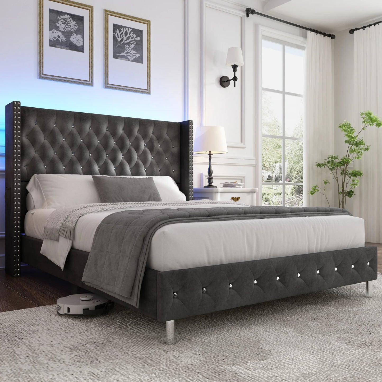 Bed Frame w/ A Wingback Headboard - LED Lights & Charging Station - Modern Upholstered Platform with Diamond Button Tuff