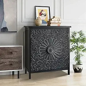 Sophia & William Accent Cabinet with 2 Doors - Distressed Storage Cabinet with Wood Frame and Checkered Patterns - Other Designs