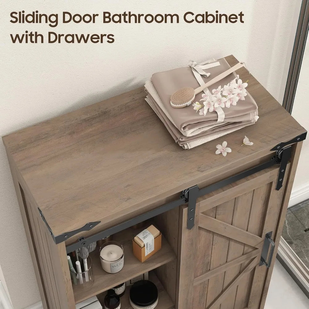 Farmhouse Floor Storage - Rustic Grey Cabinet with Drawer for Bathroom, Kitchen, Living Room & Office