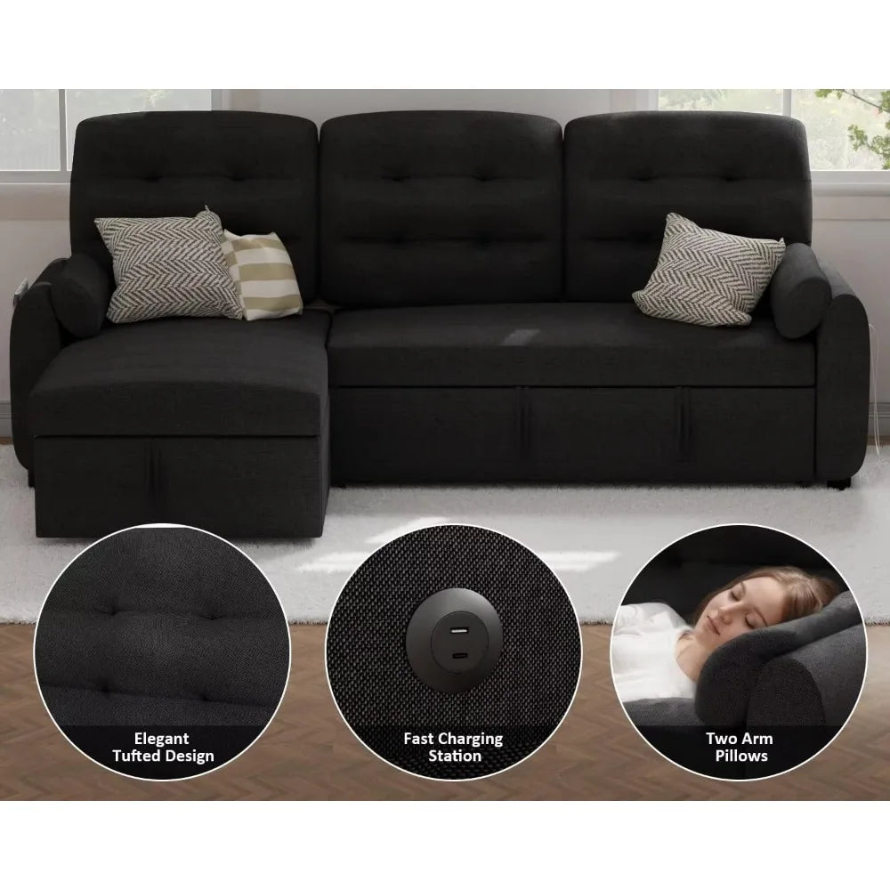 L Shaped Living Room Sectional Sofas - 87" Sleeper Sofa Bed with Side Pocket & Charging Station - Removable Backrest