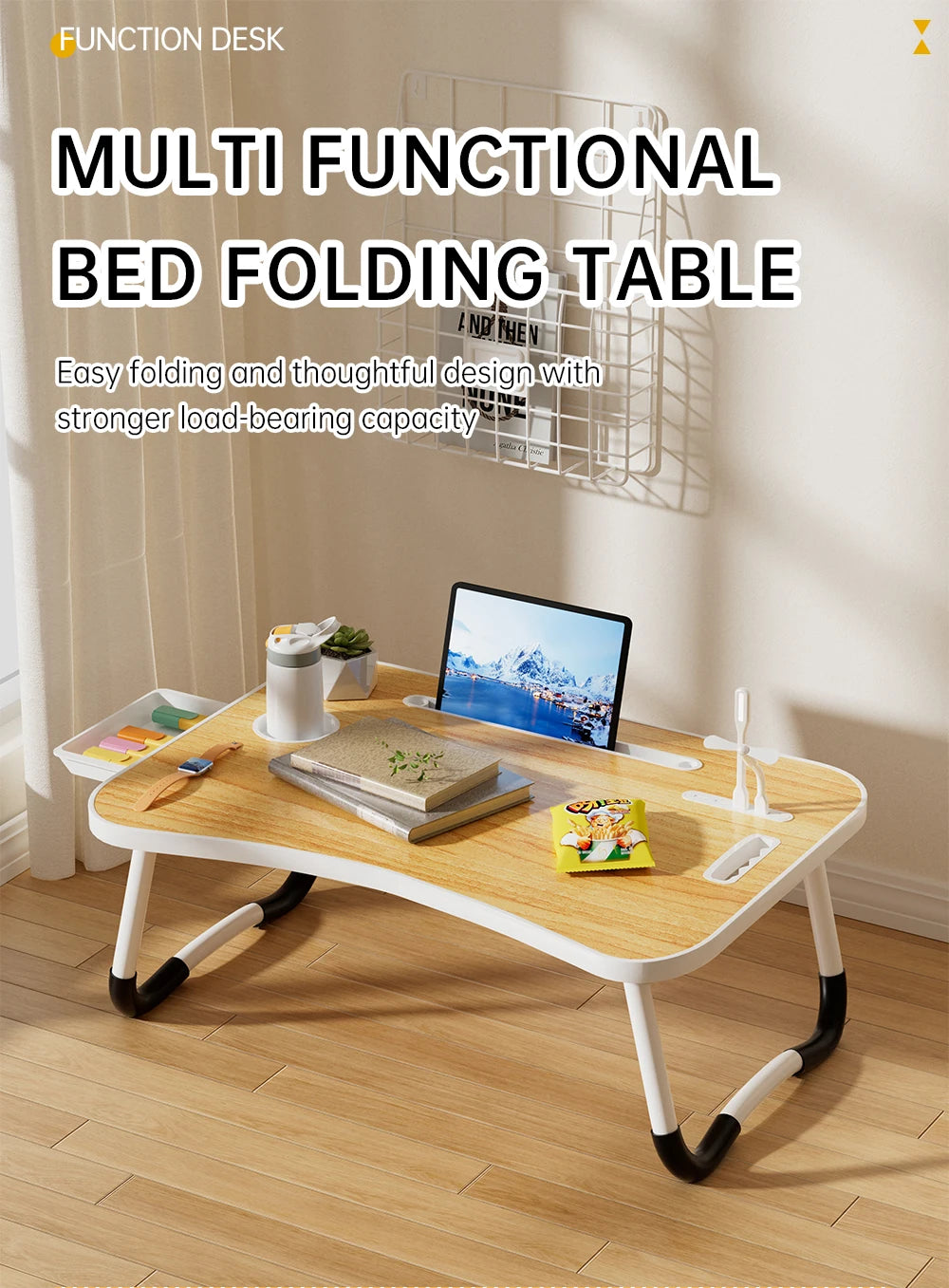 Portable Laptop Desk with USB Light, Small Fan, Cup Holder, Tablet Slot, and Lifting Handle - Foldable Laptop Table