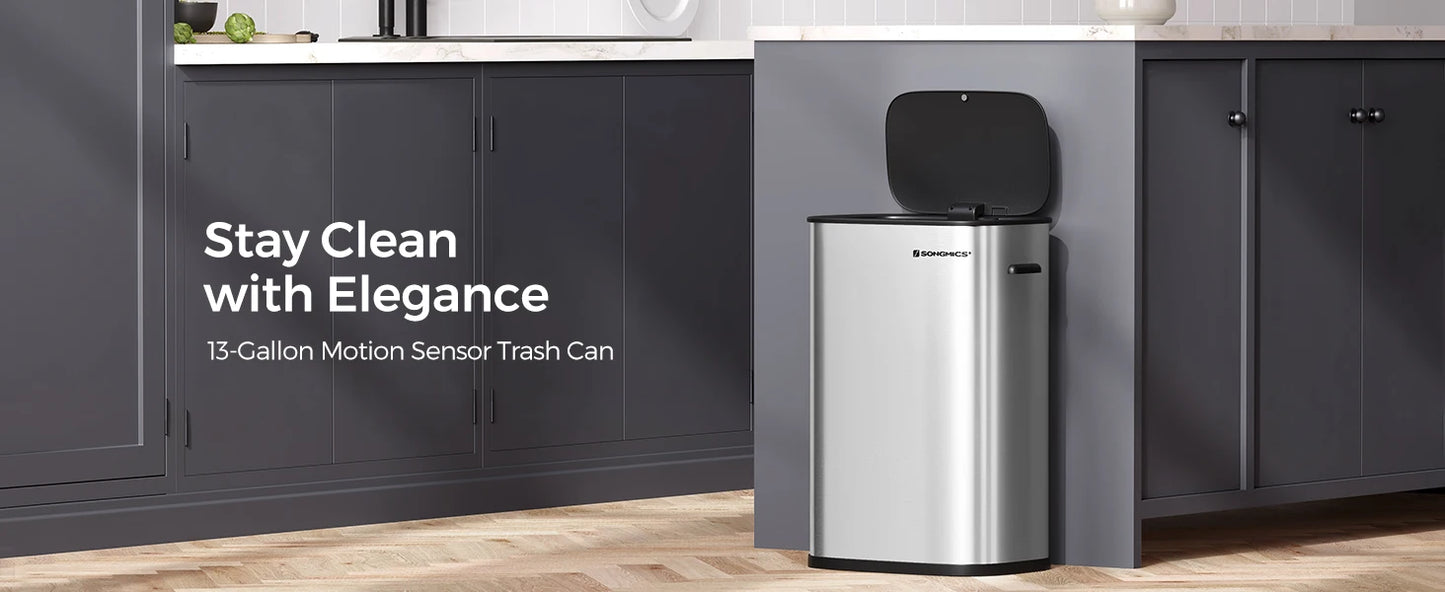 Motion Sensor Trash Can - 13 Gallon Automatic Garbage Can with Soft-Close Lid - Bag Retainer Ring - Stainless Steel