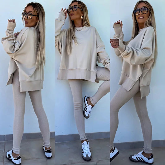 Women's Spring and Autumn Sports Hoodie - Long Sleeve - Solid Color Hoodie - Casual & Two Piece Set