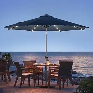 9ft Solar Led Patio Umbrella - Sturdy Outdoor Market Umbrella for Deck, Pool, Garden w/Tilt, Crank, 32 LED Lights, Carbon Grey