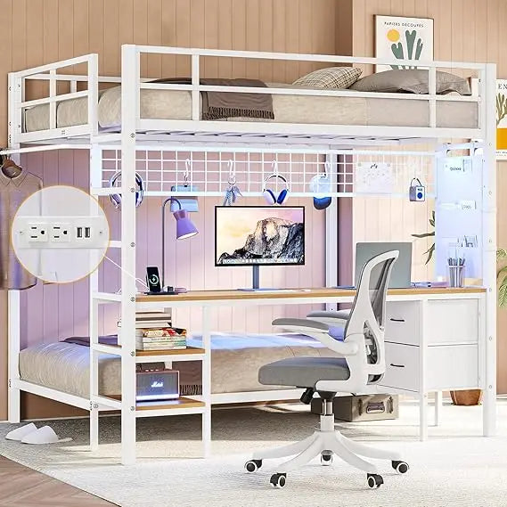 Metal Full Size Over Twin Loft Bed with Led Lights, Storage Shelves and Charging Station