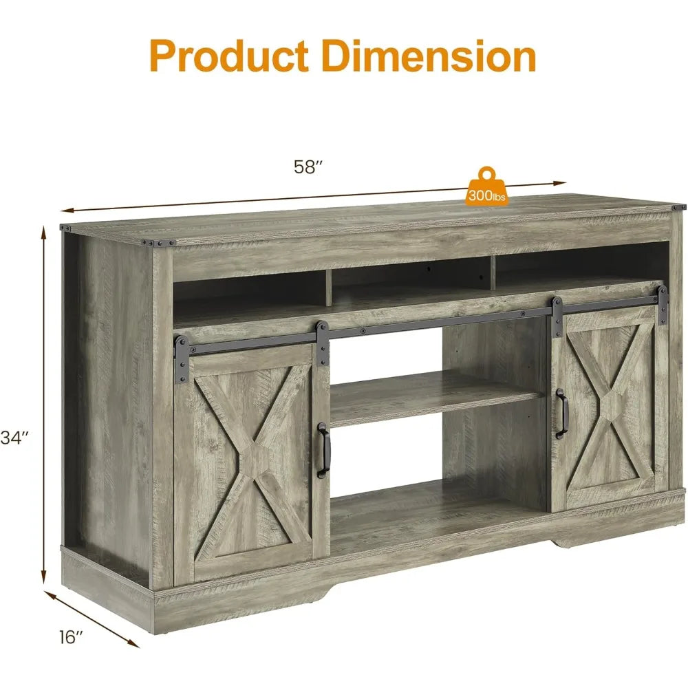 Farmhouse TV Stand for 27-65 Inch TV - Tall Entertainment Center with Storage Cabinets and Sliding Barn Doors