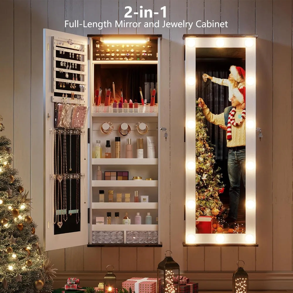 Jewelry Cabinet with LED 10 Light Bulbs - Tall Lockable Wall or Door Mounted Jewelry Armoire Organizer with Mirror - White