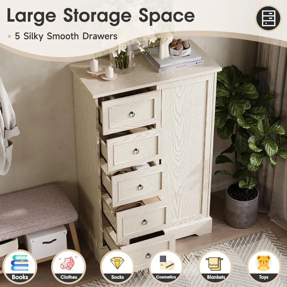 Dresser Storage Cabinet With 5 Drawers and Sliding Barn Door - 48" Tall Wood Rustic Chest for Bedroom, Kitchen Or Office