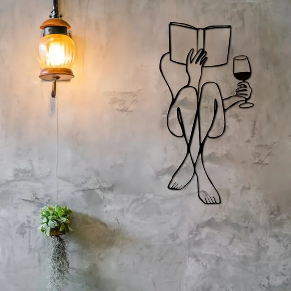Woman Reading Book & Drinking Wine - Metal Wall Decor
