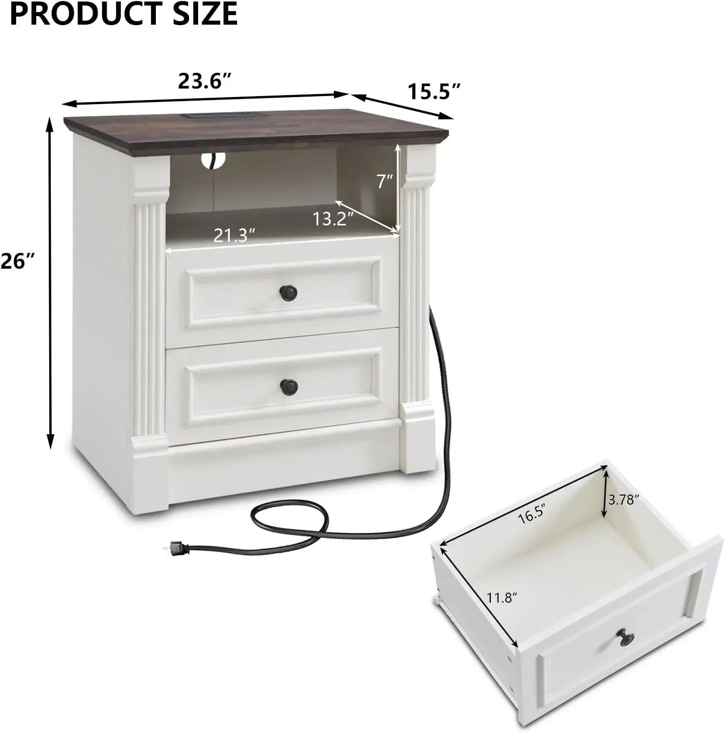 26" Tall Nightstand/End Table with Charging Station - Farmhouse 23.6" Wide w/Roman Column