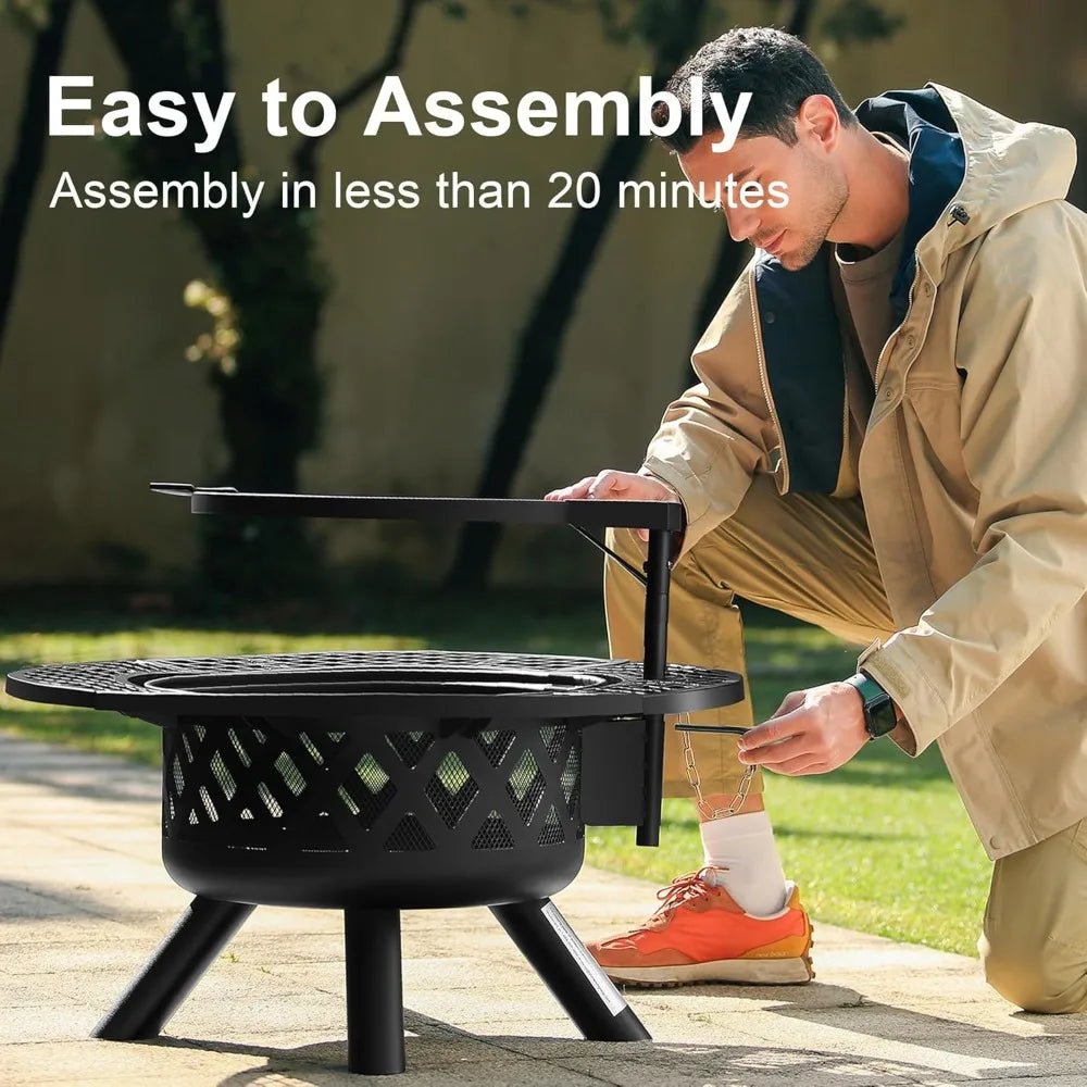 Fire Pit with Poker - 32 inch Outdoor Wood Burning Firepit with Grill