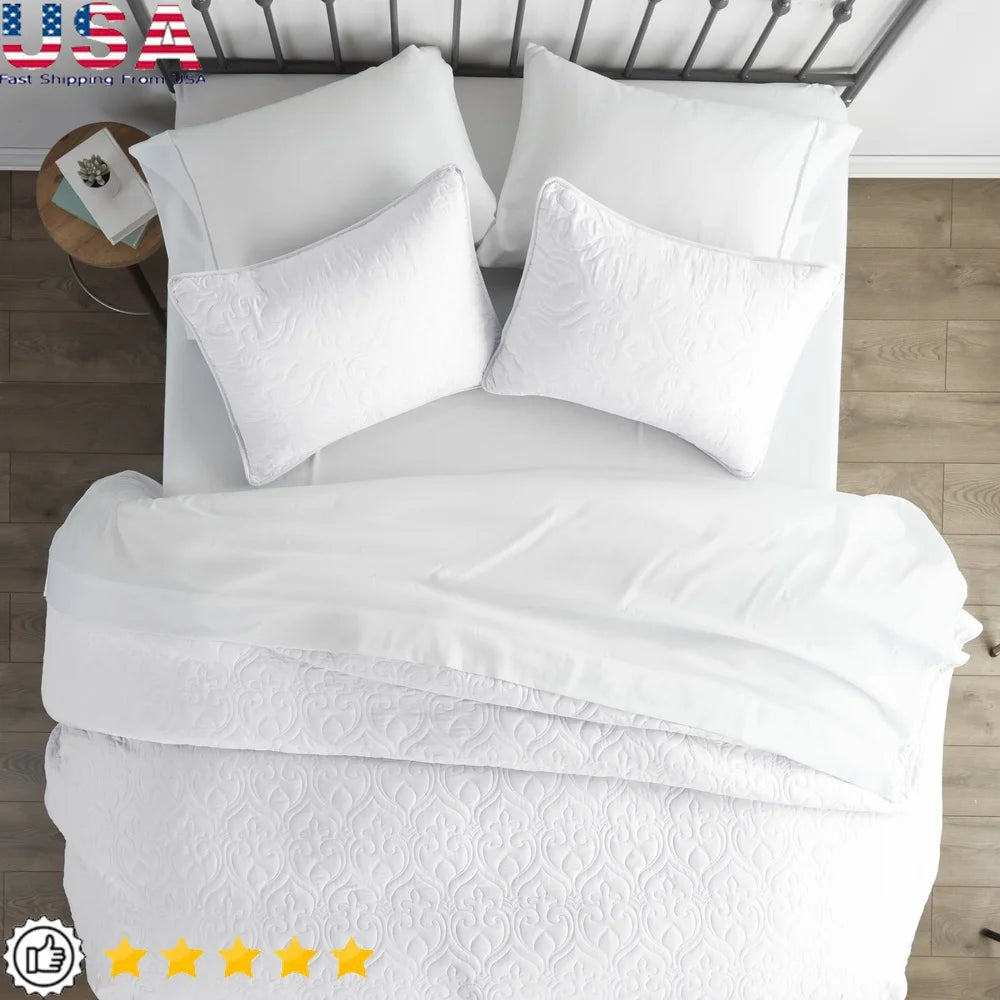 Ultra Soft White Damask Quilted Coverlet Set - Full Queen - Hypoallergenic, Breathable, Stain Resistant & Machine Washable, Decorative