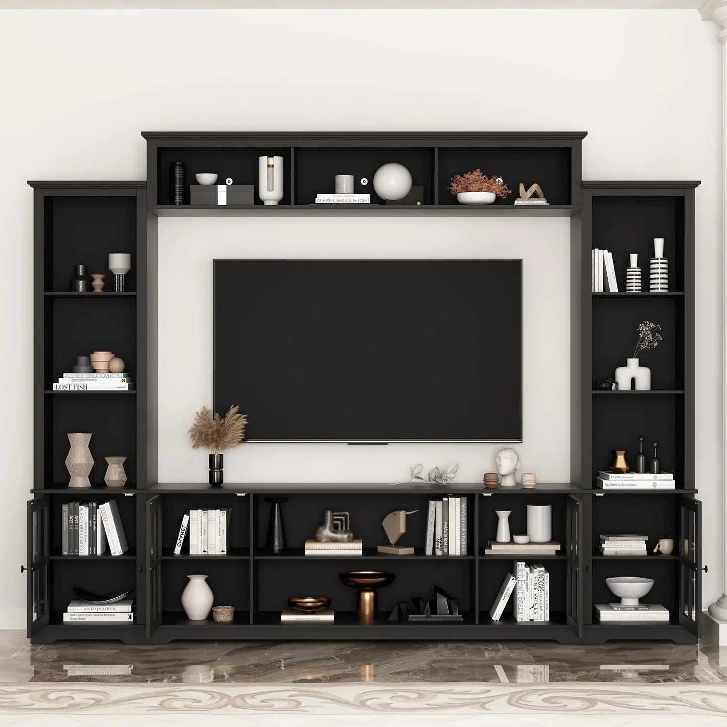 Modern TV Stand for up to 66" TVs - 4-Piece Wall Unit with Bookshelves, Glass Doors & Open Shelves, for Living Room