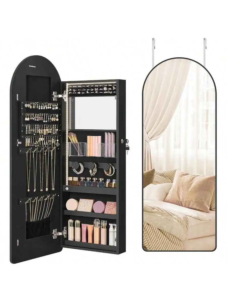 Wide Jewelry Organizer - LED Jewelry Cabinet Wall/Door Mounted - Arched Mirror with Storage - Lockable - Rounded Corner