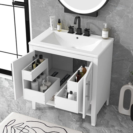 30" Bathroom Vanity with Sink - Multi-functional Bathroom Cabinet with Doors and Drawers - Solid Frame and MDF Board, White