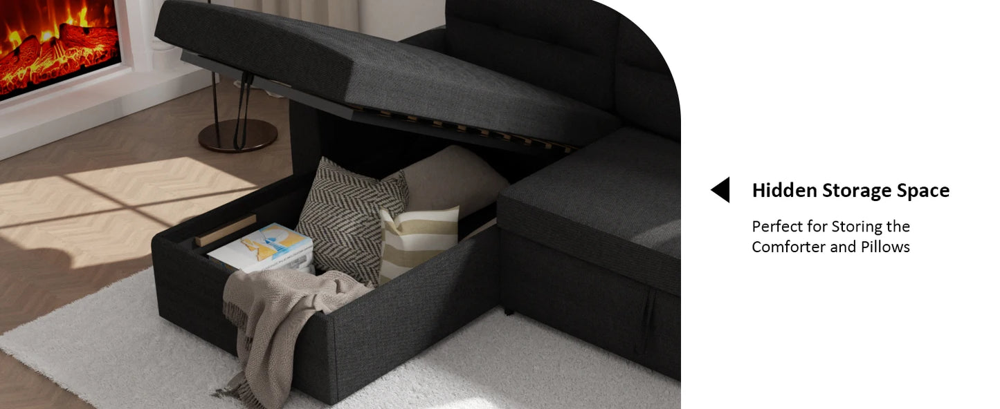 L Shaped Living Room Sectional Sofas - 87" Sleeper Sofa Bed with Side Pocket & Charging Station - Removable Backrest