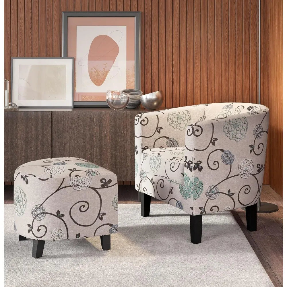 Accent Chair with Ottoman Set of 2 - Curve Back Living Room Chair - Stylish Barrel Club Chair and Footrest Set