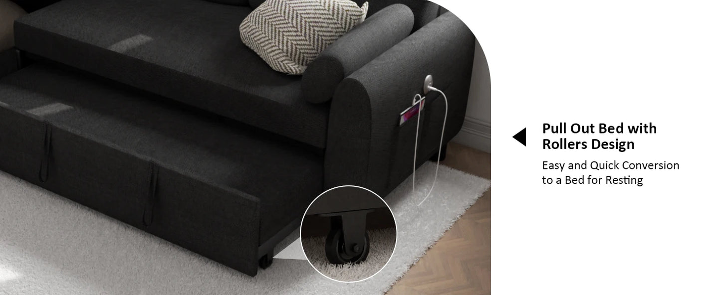 L Shaped Living Room Sectional Sofas - 87" Sleeper Sofa Bed with Side Pocket & Charging Station - Removable Backrest