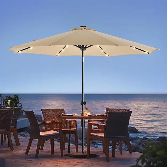 9ft Solar Led Patio Umbrella - Sturdy Outdoor Market Umbrella for Deck, Pool, Garden w/Tilt, Crank, 32 LED Lights, Carbon Grey