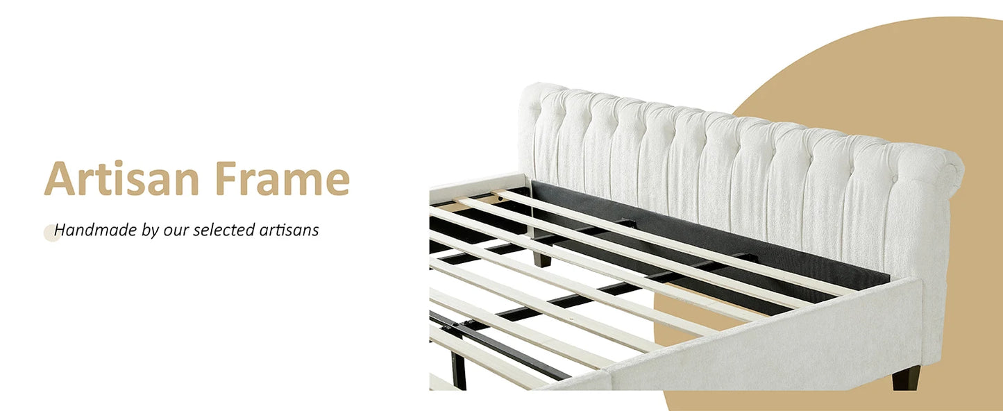 Queen Size Platform Bed Frame - Chenille Upholstered Sleigh Bed with Wingback Headboard - No Box Spring - Cream