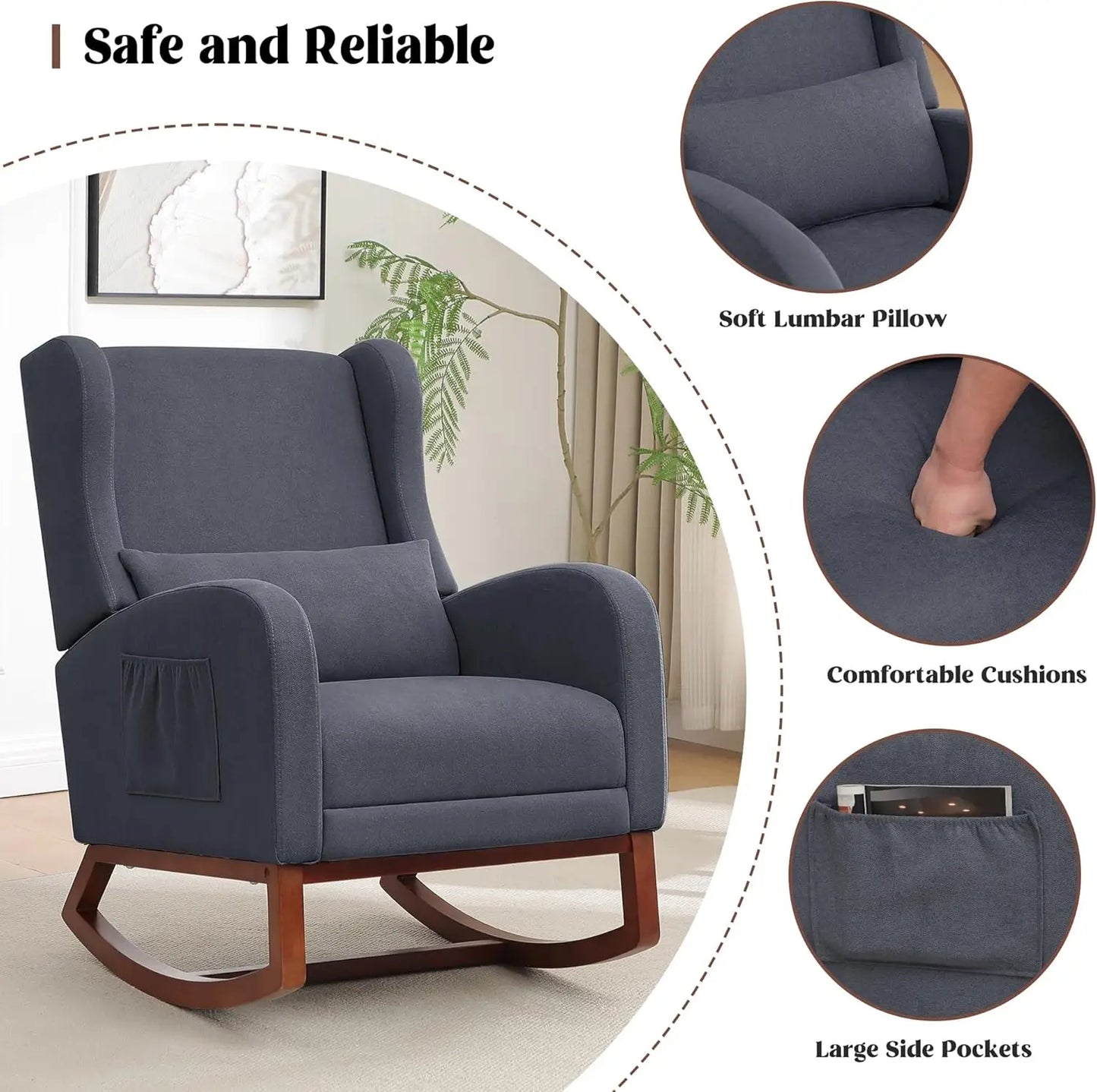 Rocking Chair with Foot Rest - Wingback Nursery Rocking Chair - Teddy Nursing Rocker Chair with Pillow