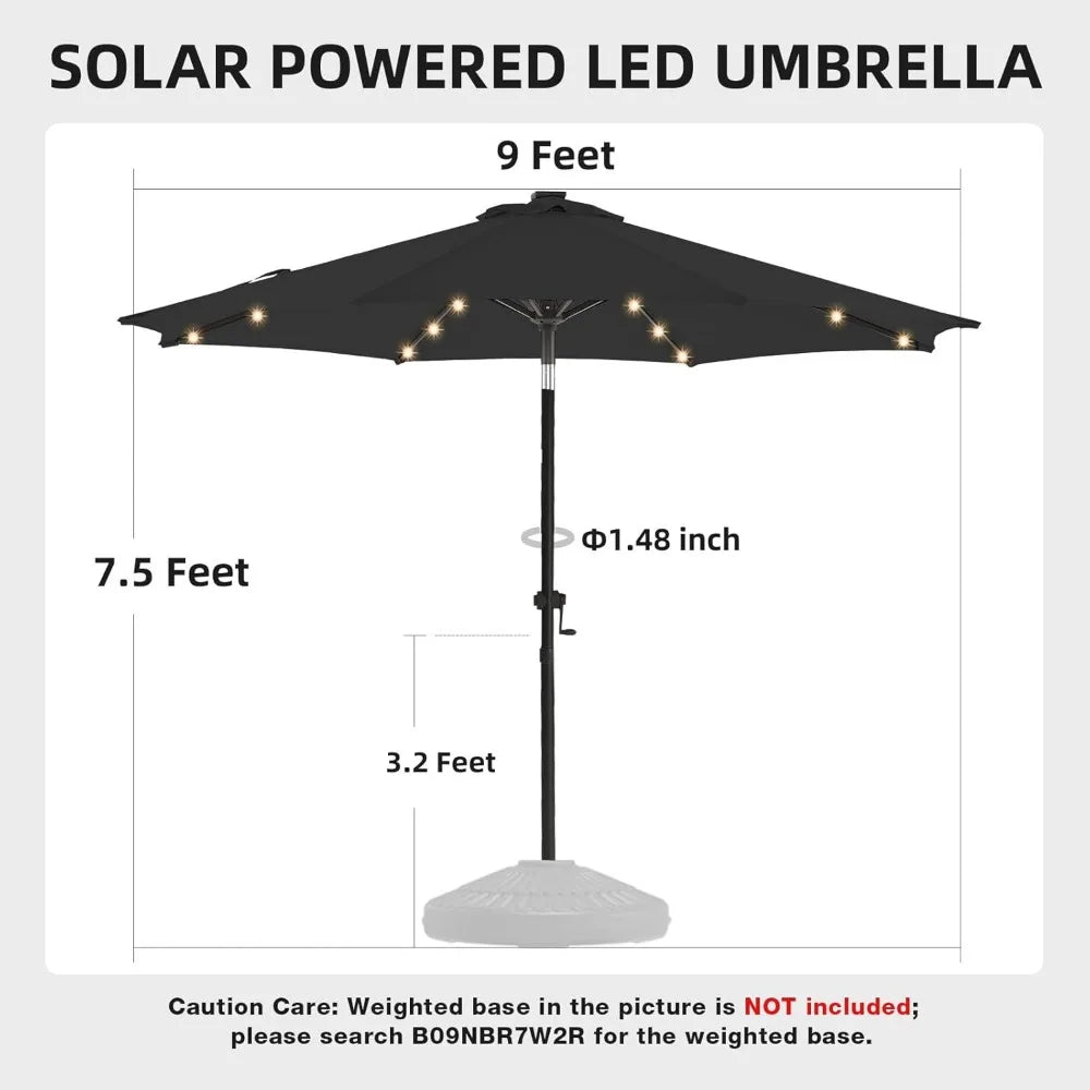 9ft Solar Led Patio Umbrella - Sturdy Outdoor Market Umbrella for Deck, Pool, Garden w/Tilt, Crank, 32 LED Lights, Carbon Grey