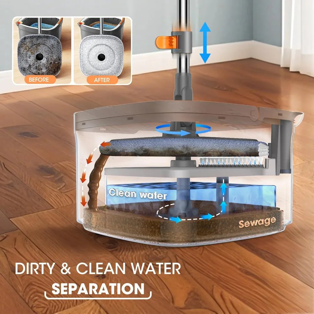 Mop and Bucket Set - Easy-to-use Spin Mop with Separate Dirty Water System - Deep-Cleaning Mops for Floors