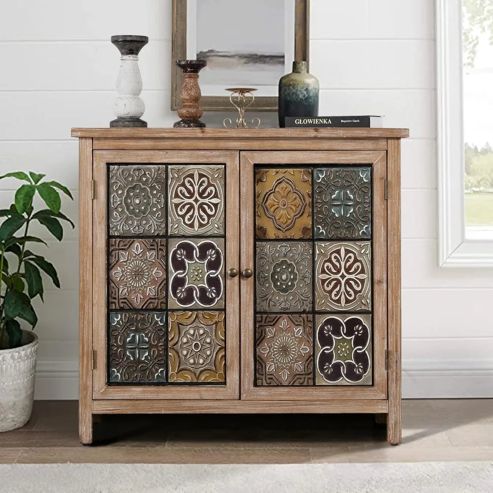 Sophia & William Accent Cabinet with 2 Doors - Distressed Storage Cabinet with Wood Frame and Checkered Patterns - Other Designs