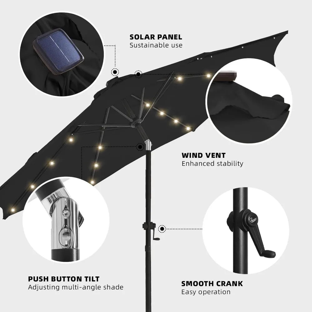 9ft Solar Led Patio Umbrella - Sturdy Outdoor Market Umbrella for Deck, Pool, Garden w/Tilt, Crank, 32 LED Lights, Carbon Grey