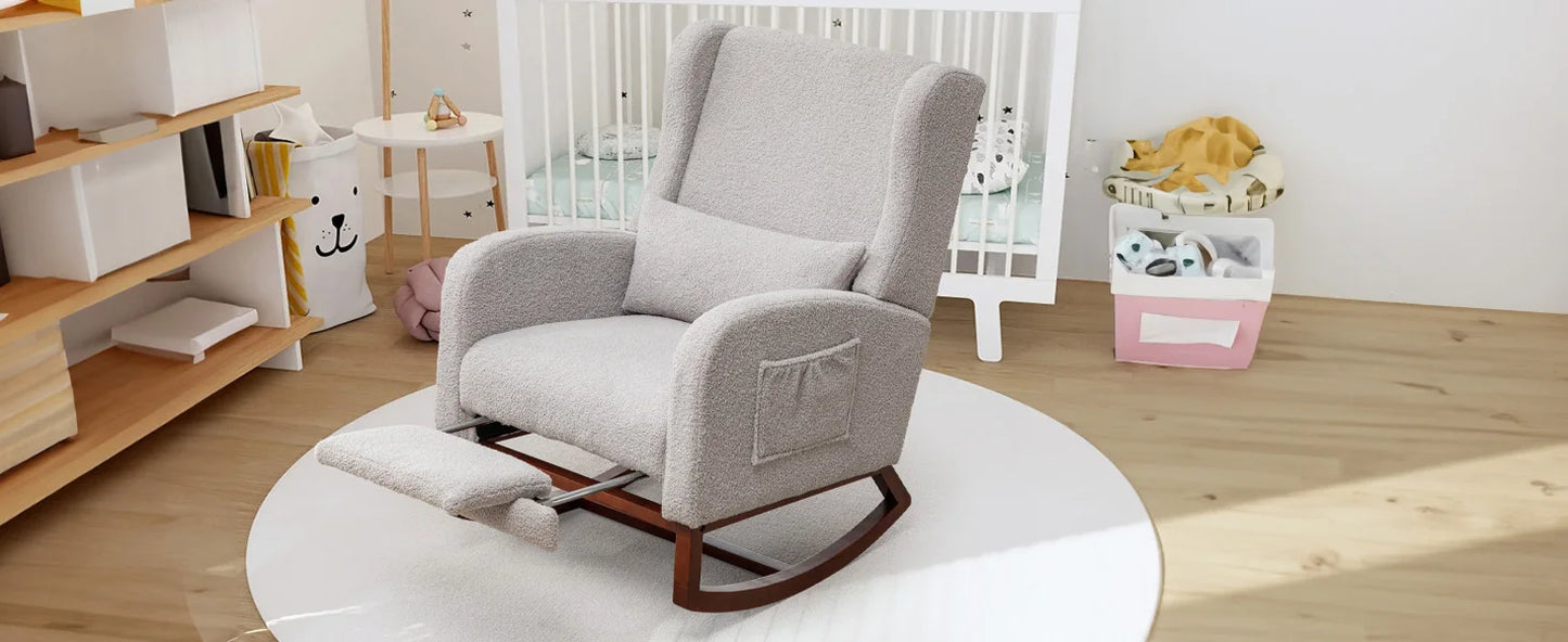 Rocking Chair with Foot Rest - Wingback Nursery Rocking Chair - Teddy Nursing Rocker Chair with Pillow