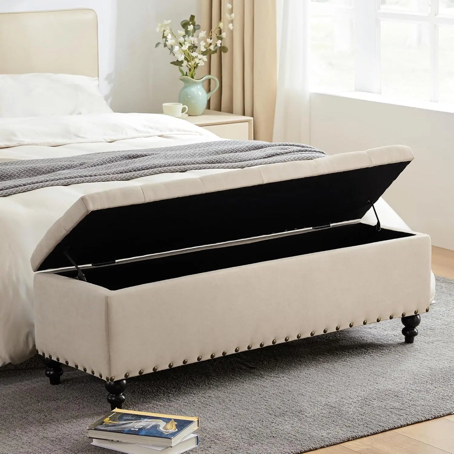 51-inch Storage Ottoman Bench with Removable Tray - Bedroom Bench with Button-Tufted, Safety Hinge Ottoman in Upholstered Fabrics