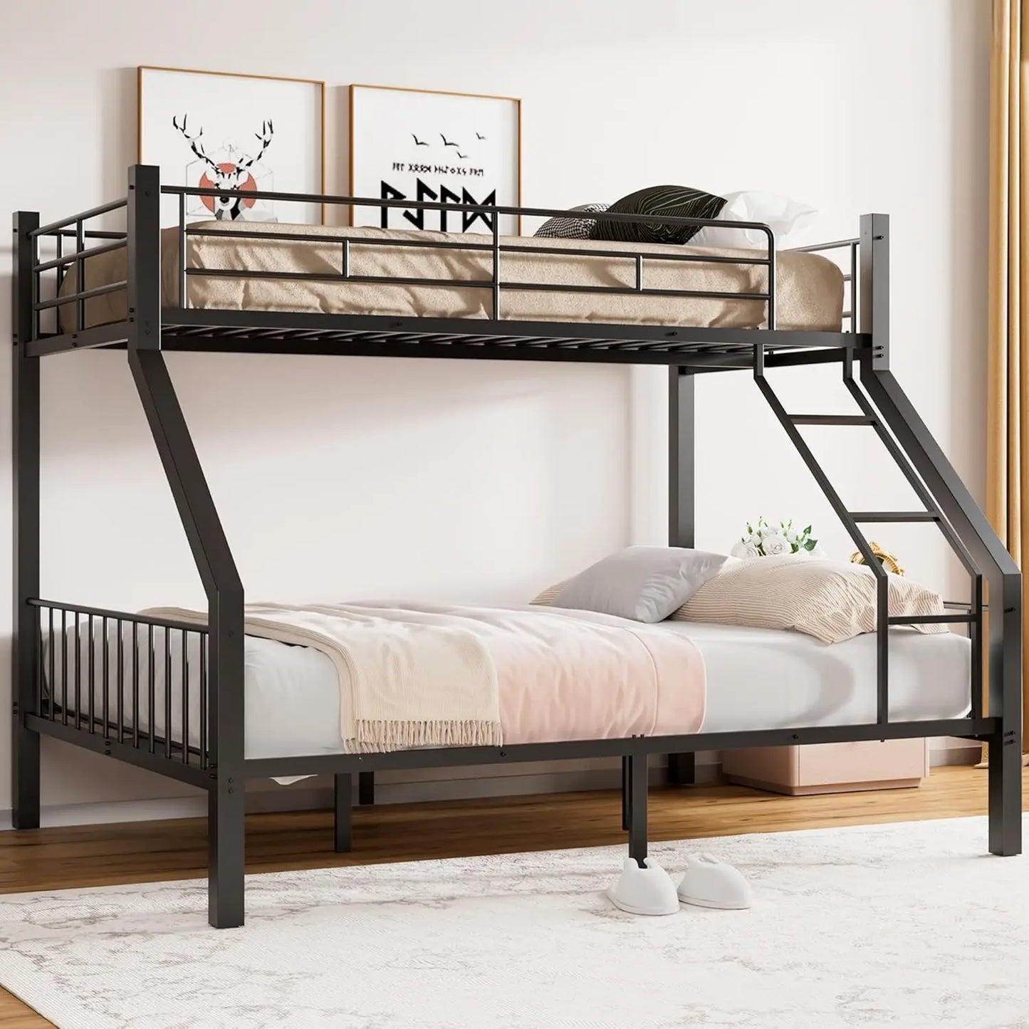 Twin XL Over Queen Bunk Bed - Heavy Duty Bunk Bed with Safety Ladder and Full-Length Guardrails - Metal Queen Bed Frame with Slats
