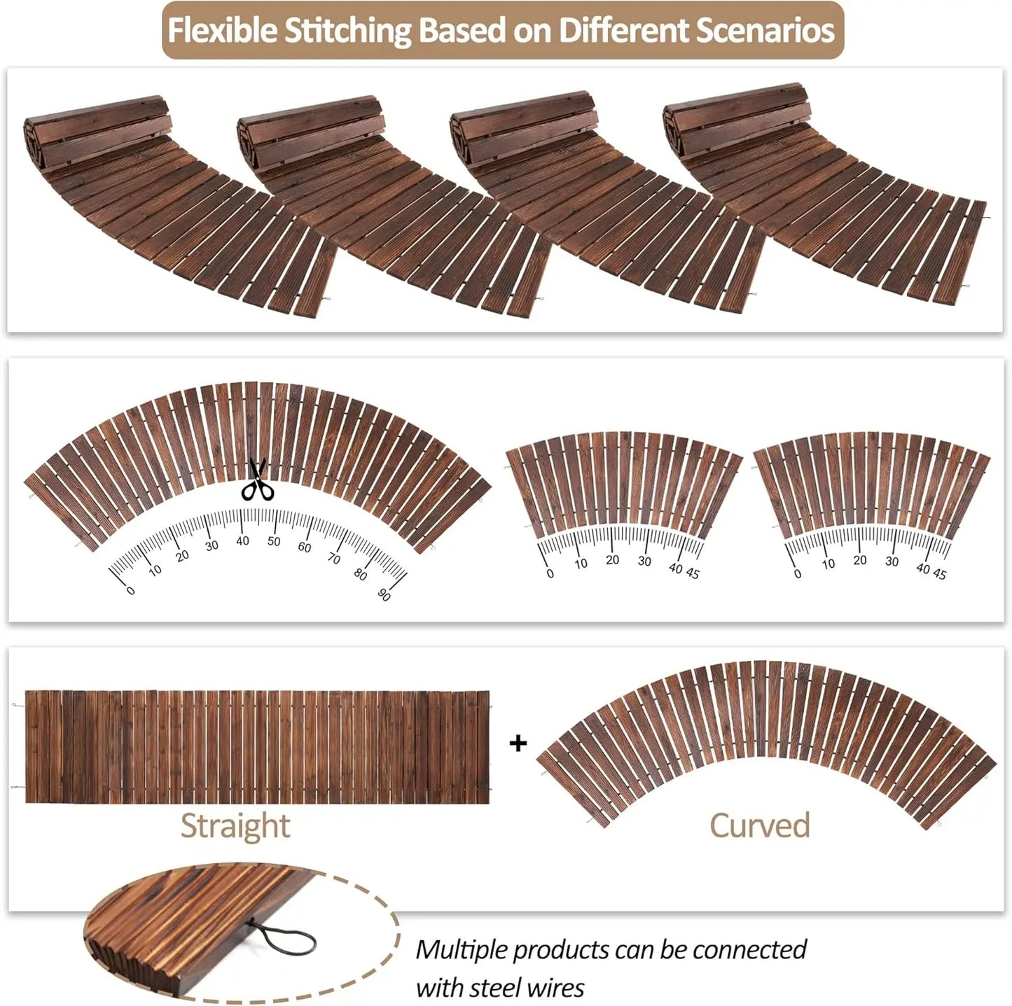 8FT Wooden Garden Pathway - Curved Outdoor Walkway Roll Out Cedar Wood (Brown)