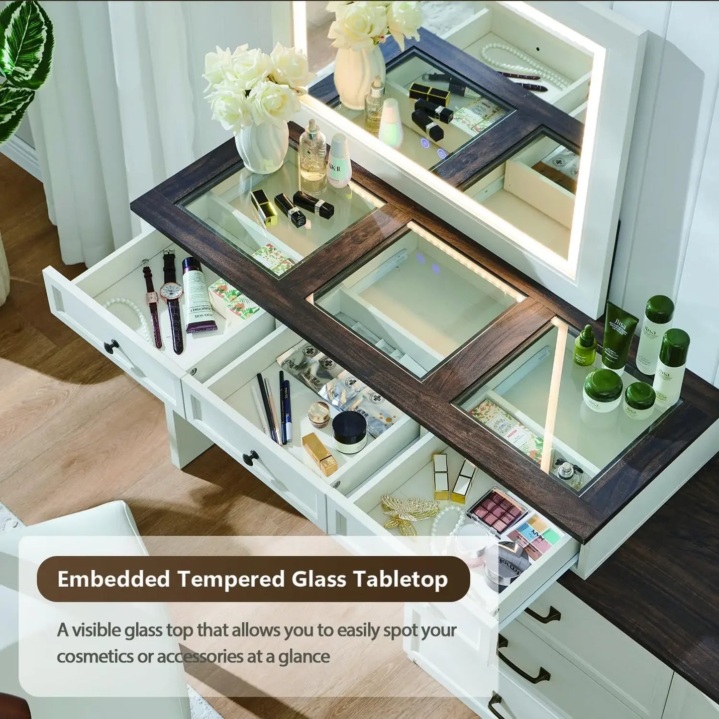 69" W Big Vanity Desk with Glass Top - Makeup Table with 9 Large Storage Drawers - w/3 Color Available Light - White