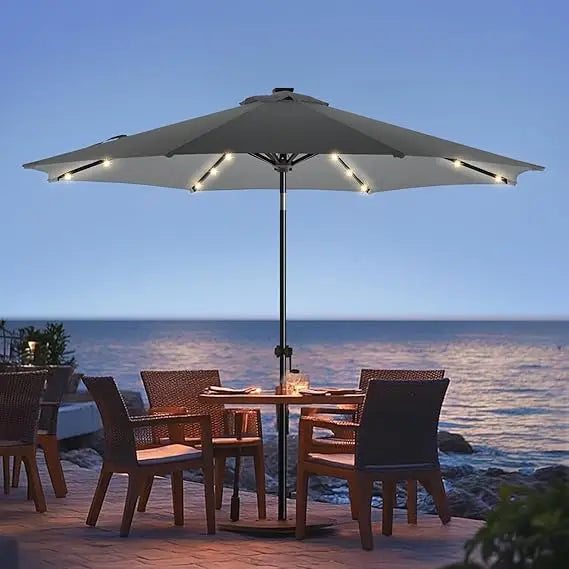 9ft Solar Led Patio Umbrella - Sturdy Outdoor Market Umbrella for Deck, Pool, Garden w/Tilt, Crank, 32 LED Lights, Carbon Grey
