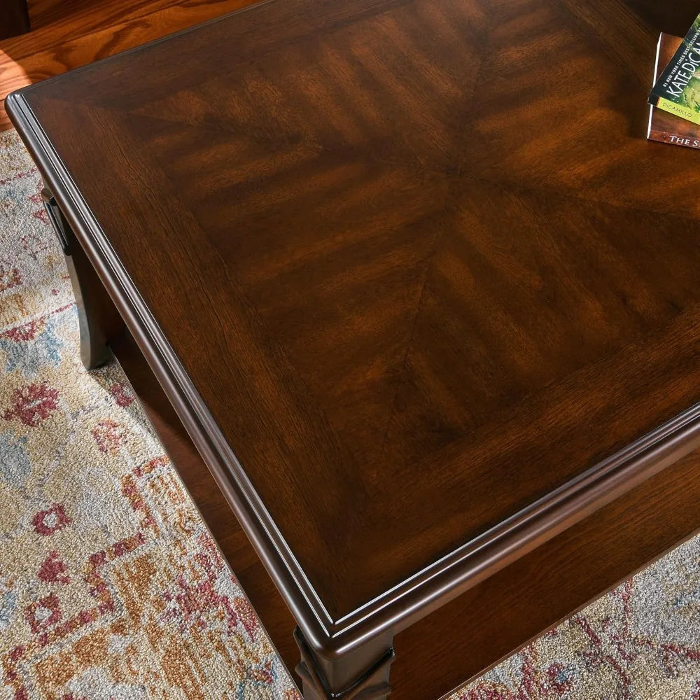 Solid Wood Coffee Table with Storage Shelf - Mid-Century Living Room Table with Wood Carved Tabletop and Legs - 43.3” Splicing