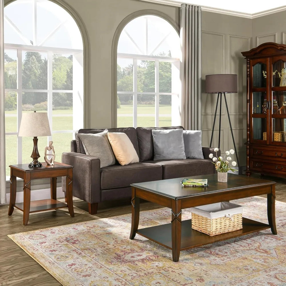 Solid Wood Coffee Table with Storage Shelf - Mid-Century Living Room Table with Wood Carved Tabletop and Legs - 43.3” Splicing