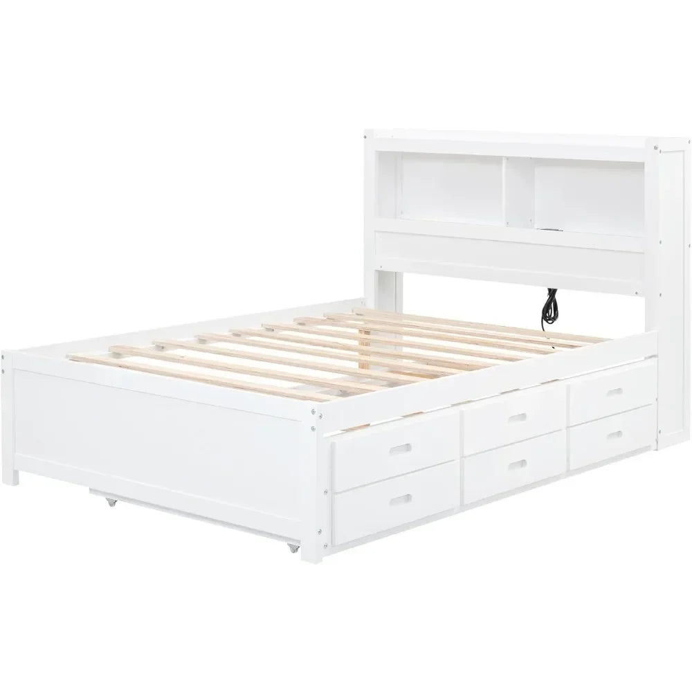 Full Platform Bed with Twin Size Trundle - Bookcase Headboard - Charging Station and 3 Drawers - Wood, Full Storage Bed Frame for Kids