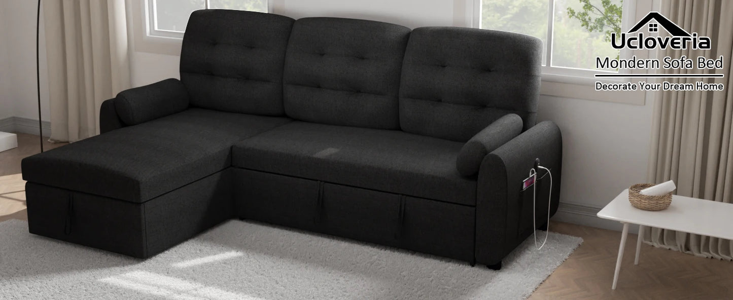 L Shaped Living Room Sectional Sofas - 87" Sleeper Sofa Bed with Side Pocket & Charging Station - Removable Backrest