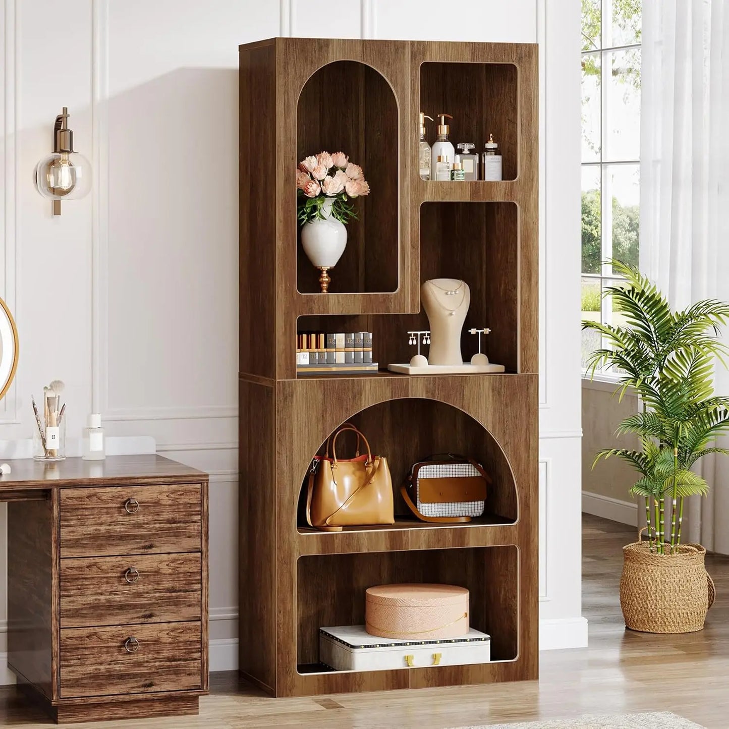 70.87" Tall Geometric Bookshelf - White Arched Bookcase with 5 Irregular Storage Shelves - Free-Standing for Living Room, Bedroom, Office