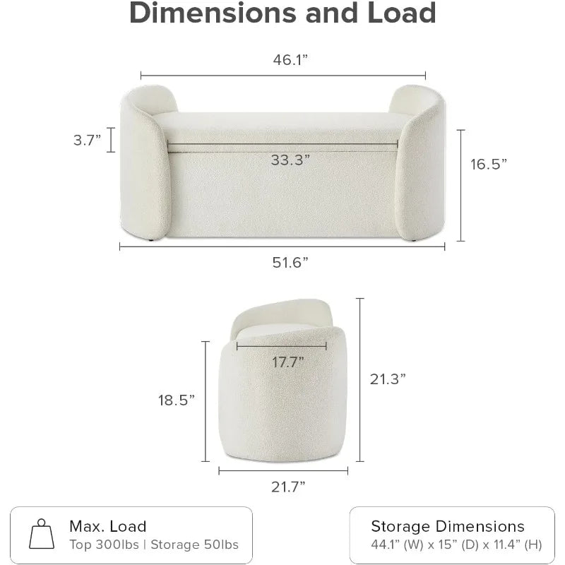 51" Ottoman Storage Bench - Entryway and Window Seating - End of Bed Curved Stool for All Bed Sizes - Storage Chest