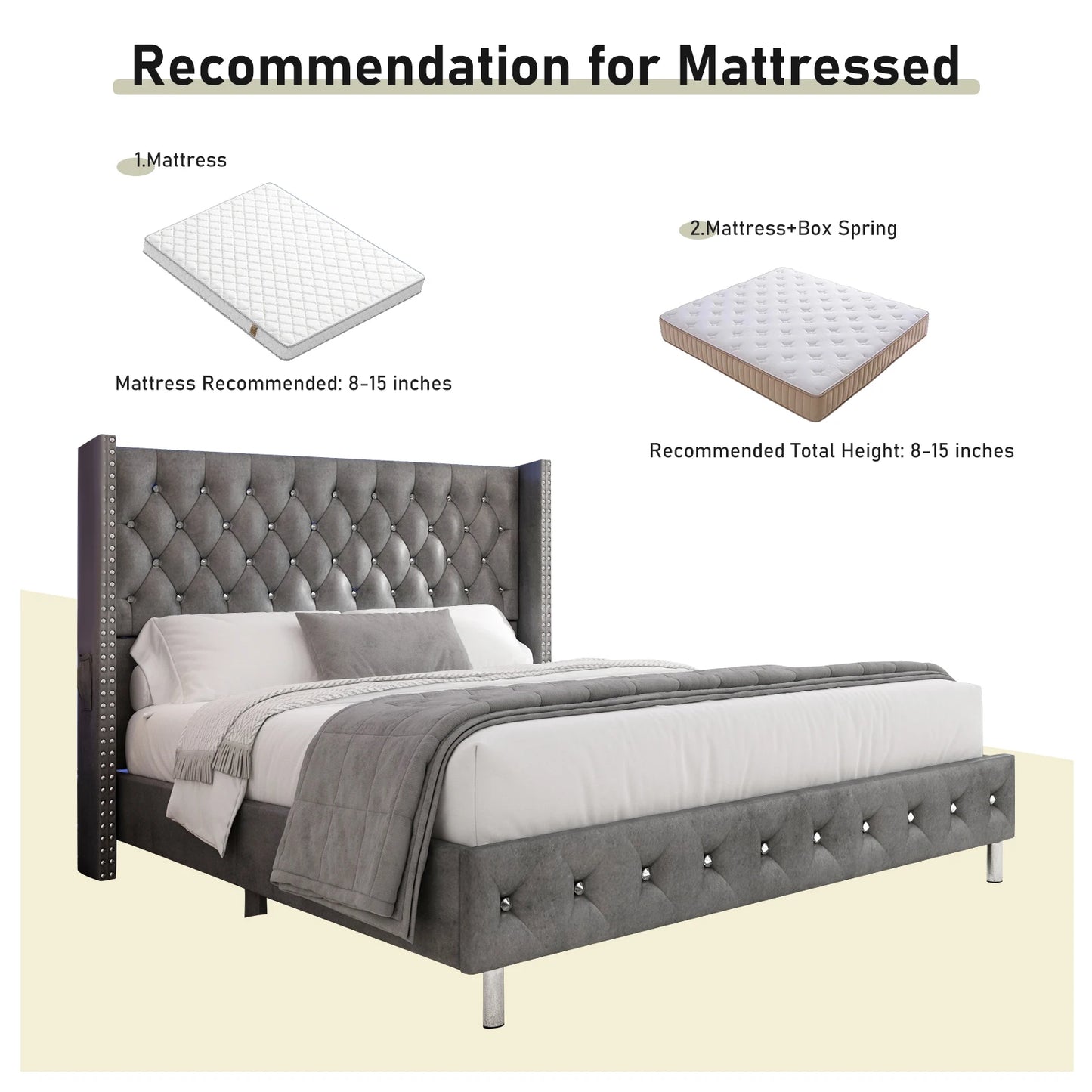 Bed Frame w/ A Wingback Headboard - LED Lights & Charging Station - Modern Upholstered Platform with Diamond Button Tuff