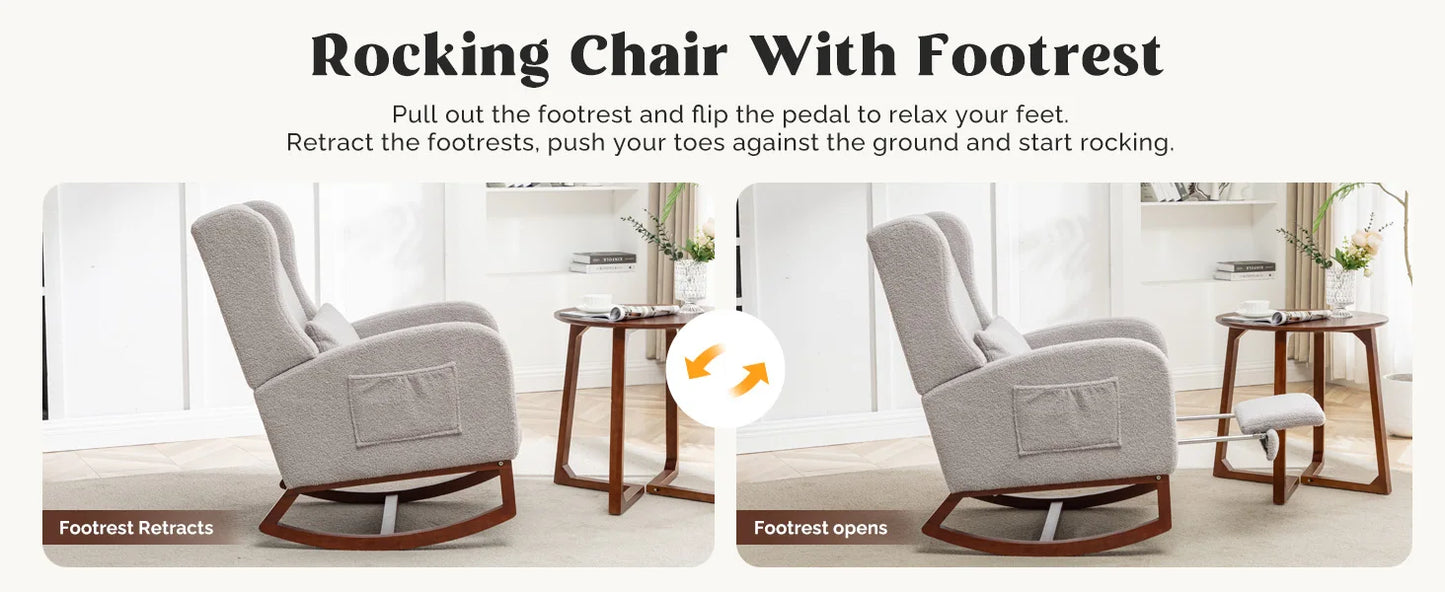Rocking Chair with Foot Rest - Wingback Nursery Rocking Chair - Teddy Nursing Rocker Chair with Pillow