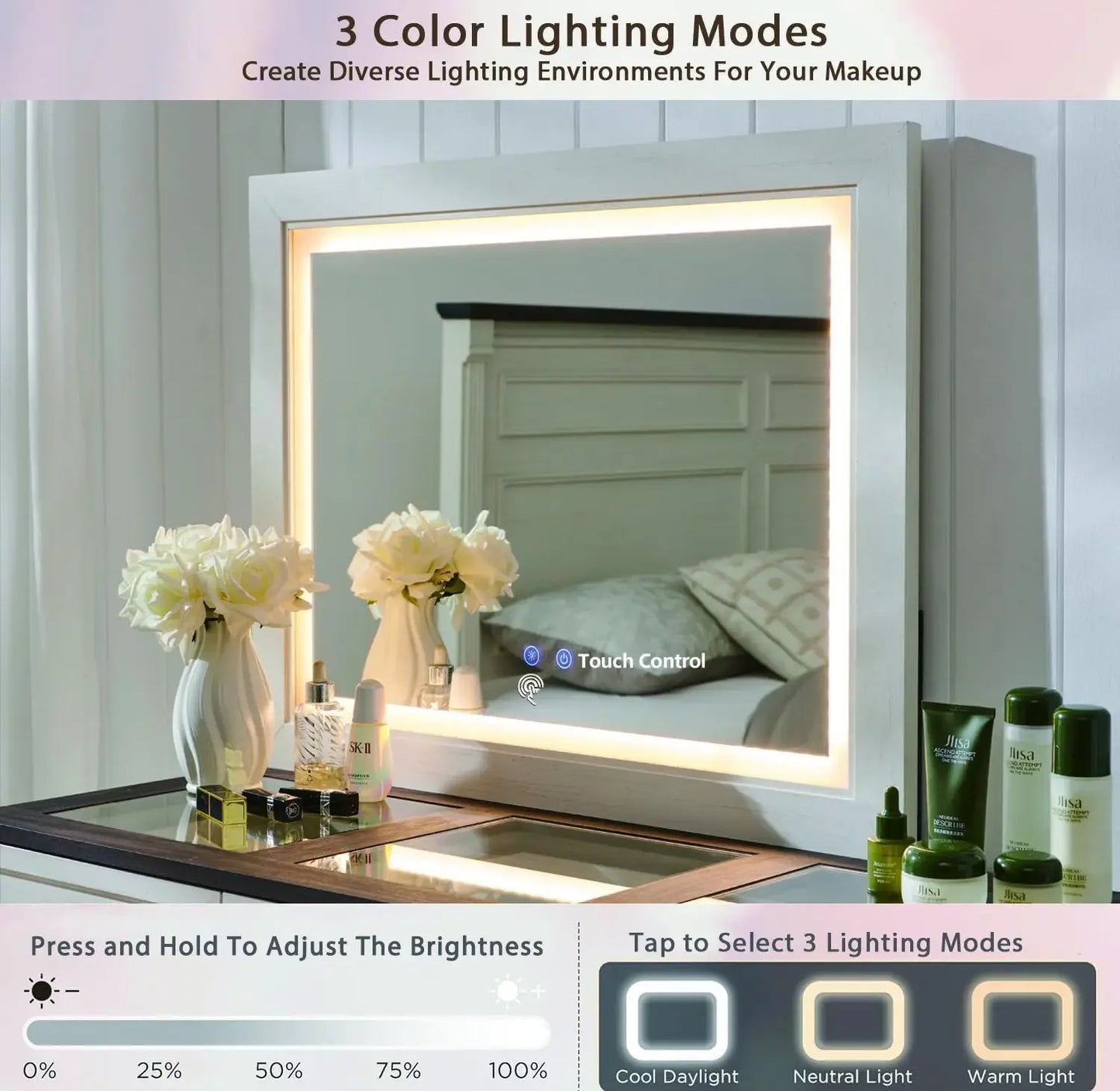 69" W Big Vanity Desk with Glass Top - Makeup Table with 9 Large Storage Drawers - w/3 Color Available Light - White
