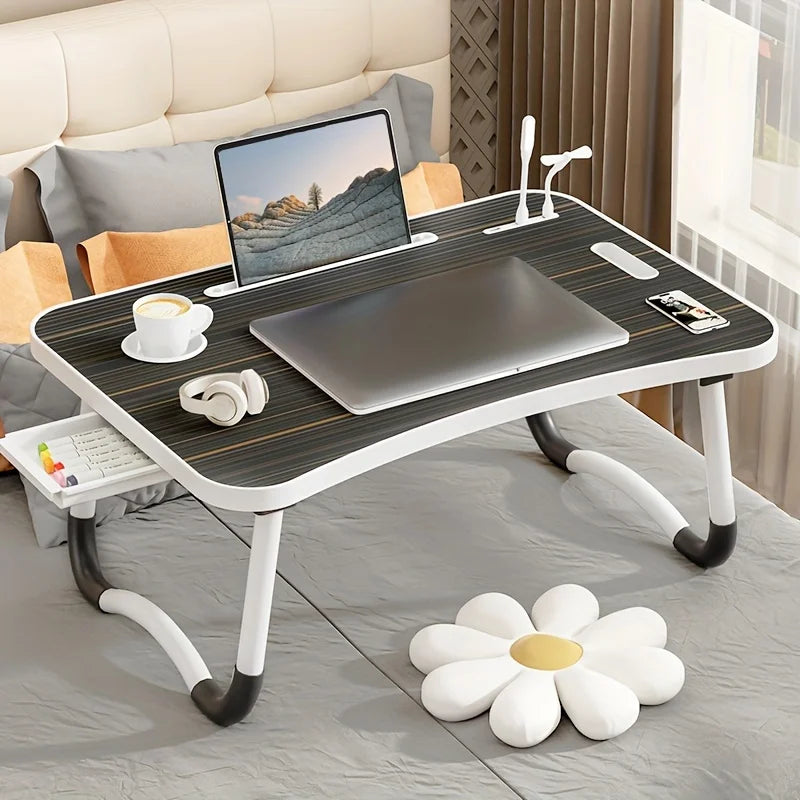 Portable Laptop Desk with USB Light, Small Fan, Cup Holder, Tablet Slot, and Lifting Handle - Foldable Laptop Table