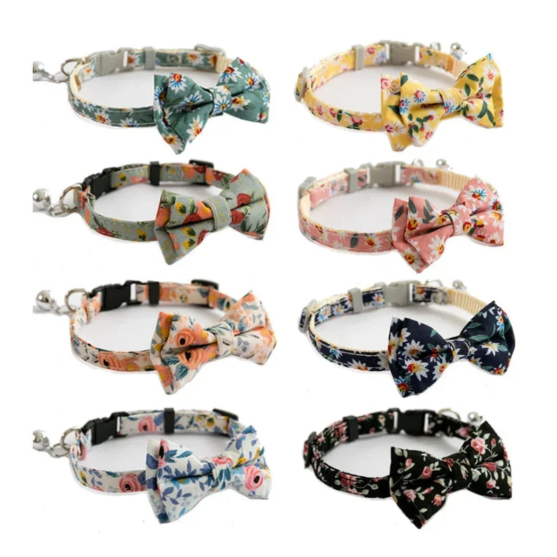 Floral Dog & Cat Bow Tie - Cotton - Break Away Clasp - Small Bell Attached