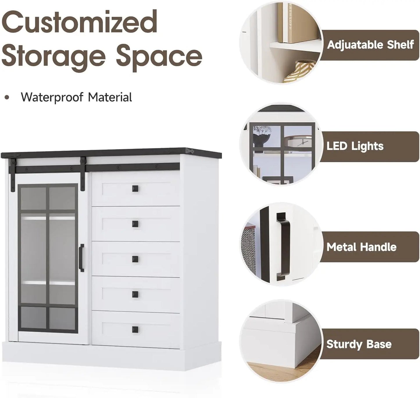 6 Drawer Dresser with Slide Glass Door Farmhouse Tall Chest of Drawers Storage Organizer Living Room, Bedroom Or Office